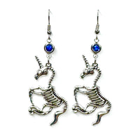 Amy Foxy Style Handmade Earrings - Unicorn Skeleton Charms: Double Dangle Deep Blue Rhinestones