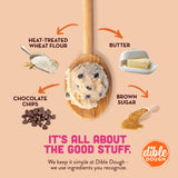 An ingredient-focused graphic for Dible Dough showing a scoop of chocolate chip cookie dough on a wooden spoon, surrounded by labeled ingredient callouts: heat-treated wheat flour, butter, brown sugar, and chocolate chips, on a peach background with the slogan 'It's all about the good stuff.'.