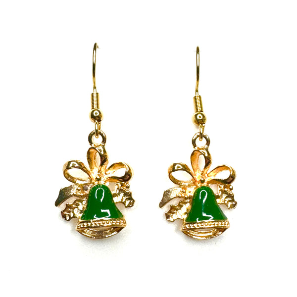 Amy Foxy Style Handmade Earrings - Holiday Charms with Golden Hooks: Shiny Bells GREEN