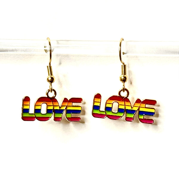 Amy Foxy Style Handmade Earrings - Rainbow LOVE Charms with Golden Hooks