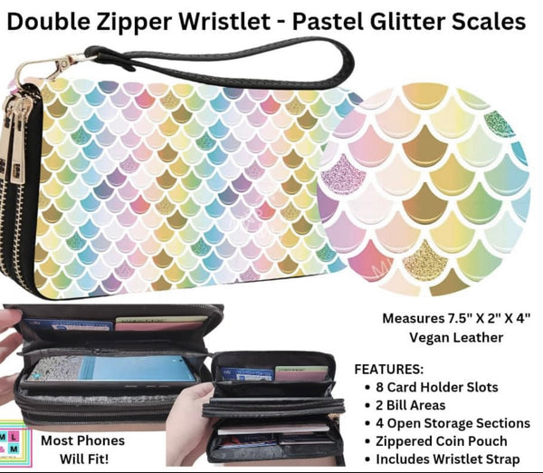 PP Double Zipper Wristlet Wallet - Pastel Rainbow Mermaid Scales