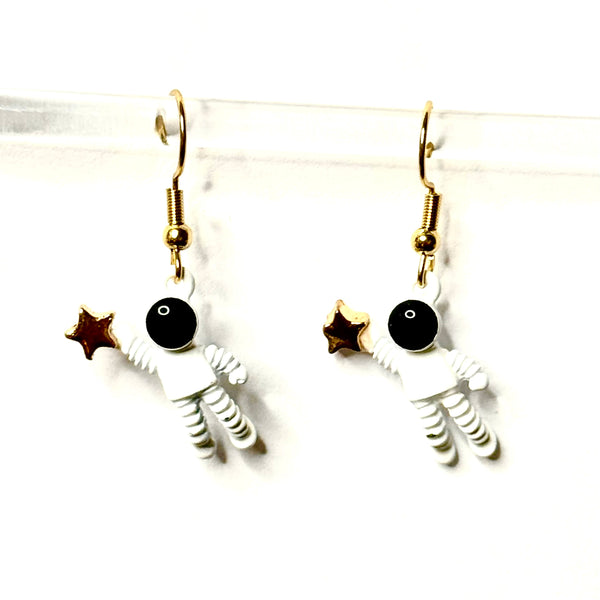 Amy Foxy Style Handmade Earrings - Gold Star Reaching Astronaut Charms with Golden Hooks