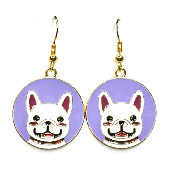 Amy Foxy Style Handmade Earrings - Happy Dog Puppy Charms with Golden Hooks: French Bulldog