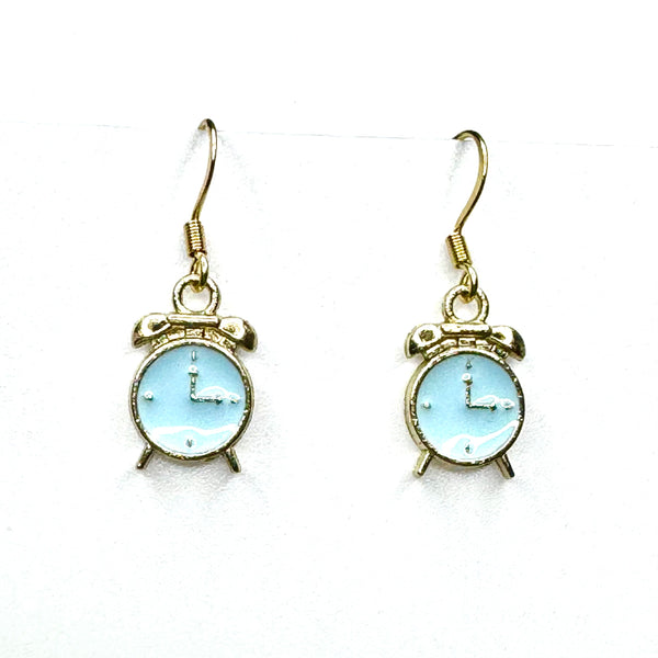 Amy Foxy Style Handmade Earrings - Alarm Clock Charms with Golden Hooks: Blue