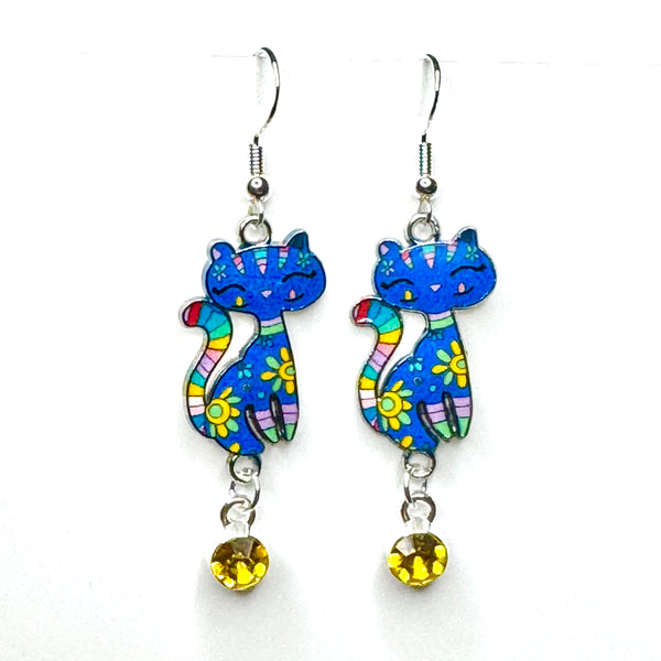 Amy Foxy Style Handmade Earrings - Double Dangle Artsy Cat Charms: Blue with Yellow Rhinestone
