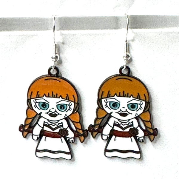 Amy Foxy Style Handmade Earrings - Horror Character Charms with Silver Hooks: Creepy Girl Doll