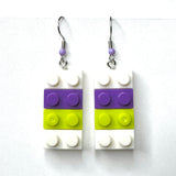 Amy Foxy Style Handmade Earrings - Toy Brick Building Block Charms: White, Purple and Lime Green