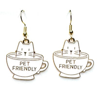 Amy Foxy Style Handmade Earrings - Cat Charms with Golden Hooks: White Cat in a “Pet Friendly” Teacup