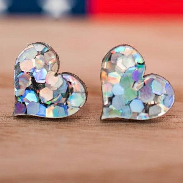 Stellar Gifts Silver Chunky Glitter Heart Stud Earrings