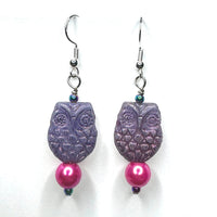 Amy Foxy Style Handmade Earrings - Shimmery Purple Owl and Hot Pink Pearl Beads