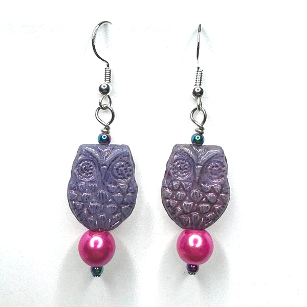 Amy Foxy Style Handmade Earrings - Shimmery Purple Owl and Hot Pink Pearl Beads