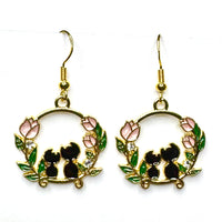 Amy Foxy Style Handmade Earrings - Two Cats with Tulips Charm with Golden Hooks: Black