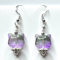 Amy Foxy Style Handmade Earrings - Purple & Green Ombré Glass Cat Face with Fancy Silver Beads