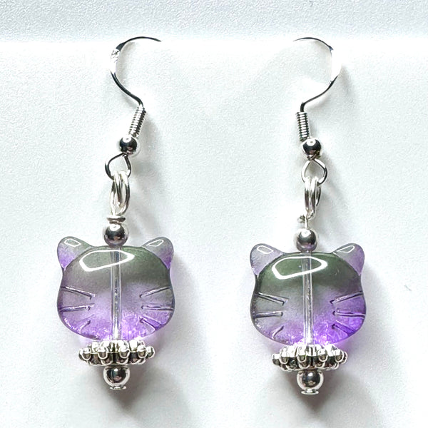 Amy Foxy Style Handmade Earrings - Purple & Green Ombré Glass Cat Face with Fancy Silver Beads