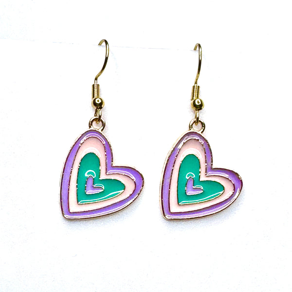 Amy Foxy Style Handmade Earrings - Angled Pastel Stripe Heart Charms with Golden Hooks