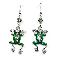 Amy Foxy Style Handmade Earrings - Enamel and Rhinestone Frog Charms with Silver Hooks and White Rhinestone Connectors