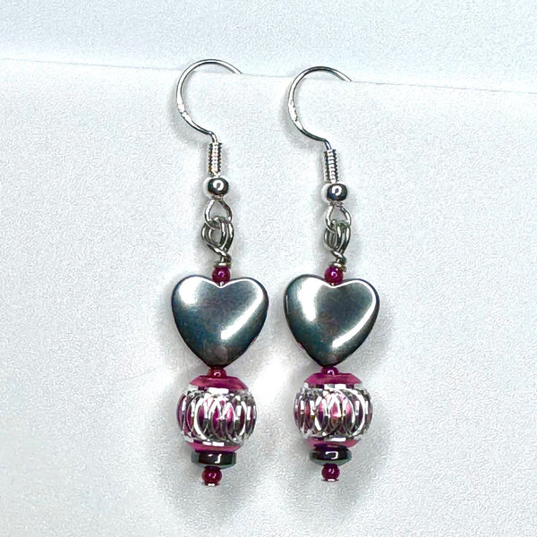 Amy Foxy Style Handmade Earrings - Shiny Silver Hearts with Pink and Silver Beads