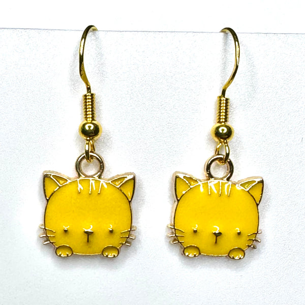 Amy Foxy Style Handmade Earrings - Little Cat Face Charms with Golden Hooks: Yellow