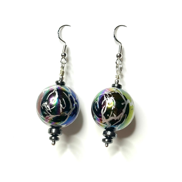 Amy Foxy Style Handmade Earrings - Rainbow Iridescent Crackle Big Ball Beads