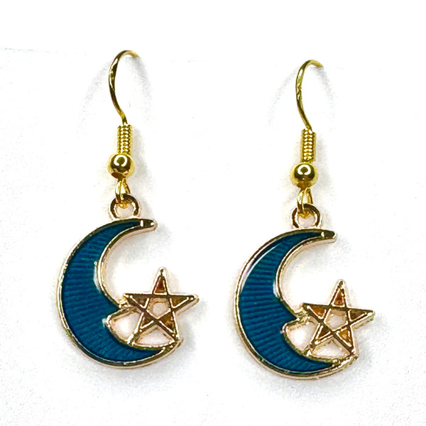 Amy Foxy Style Handmade Earrings - Crescent Moon and Line Star with Golden Hooks