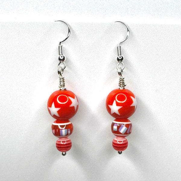 Amy Foxy Style Handmade Earrings - Red and White Stars with Confetti Beads