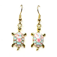 Amy Foxy Style Handmade Earrings - Turtle Charms with Golden Hooks: Blue and Pink Floral