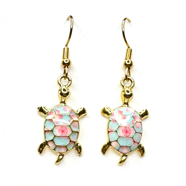 Amy Foxy Style Handmade Earrings - Turtle Charms with Golden Hooks: Blue and Pink Floral