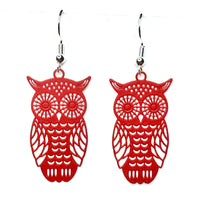 Amy Foxy Style Handmade Earrings - Delicate Filigree Owl Charms: Matte Red