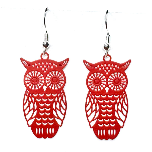 Amy Foxy Style Handmade Earrings - Delicate Filigree Owl Charms: Matte Red