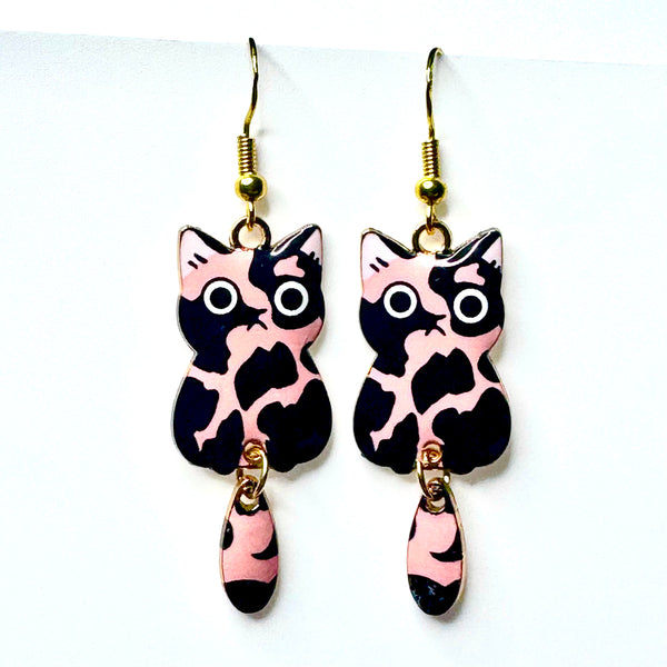 Amy Foxy Style Handmade Earrings - Cat Charm with Golden Hooks: Pink and Black Calico