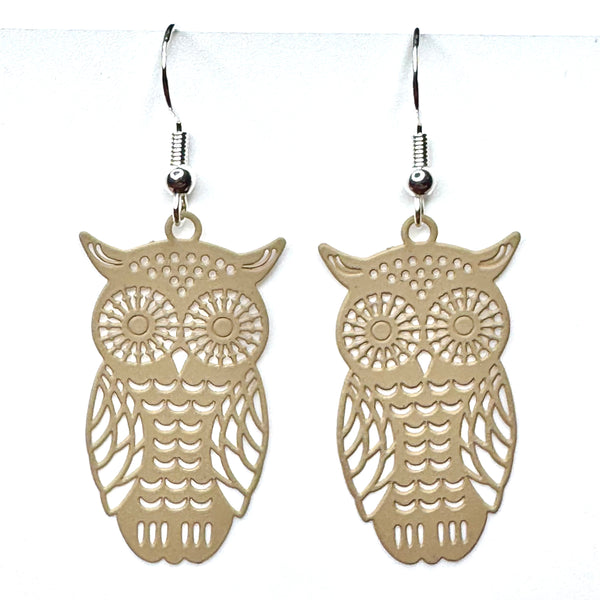 Amy Foxy Style Handmade Earrings - Delicate Filigree Owl Charms: Matte Beige