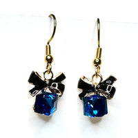 Amy Foxy Style Handmade Earrings - Cubic Rhinestone Present with Enamel Bow Charm with Golden Hooks: Blue and Black