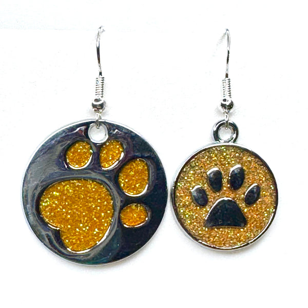 Amy Foxy Style Handmade Earrings - Asymmetrical Glitter Cat Dog Paw Medallions: Marigold