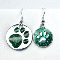 Amy Foxy Style Handmade Earrings - Asymmetrical Glitter Cat Dog Paw Medallions: Bold Green