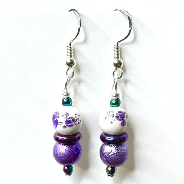 Amy Foxy Style Handmade Earrings - Purple Flower Porcelain with Rainbow Iridescent and Textured Beads