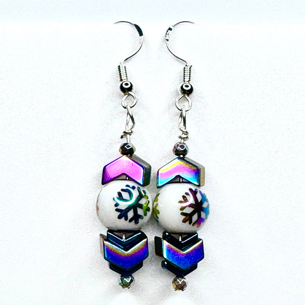 Amy Foxy Style Handmade Earrings - Rainbow Iridescent Snowflake and Stacked Arrow Beads