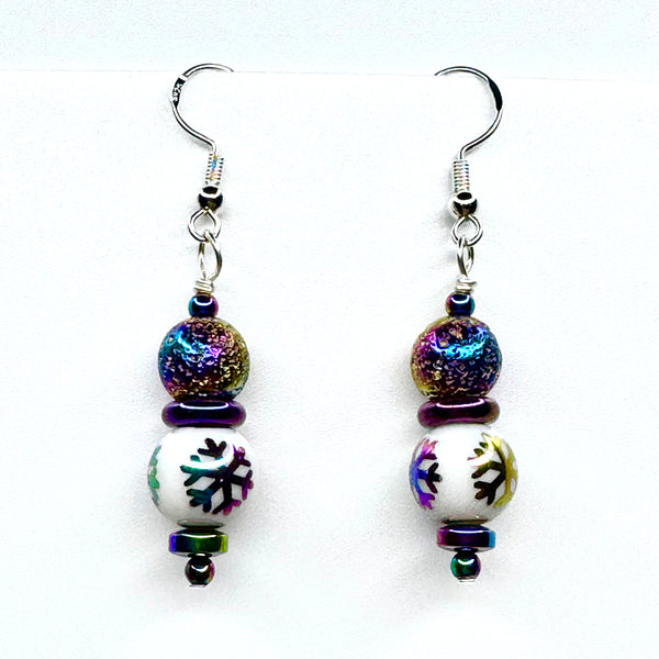 Amy Foxy Style Handmade Earrings - Rainbow Iridescent Snowflake and Lava Beads