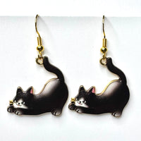 Amy Foxy Style Handmade Earrings - Stretching Cat Charm with Golden Hooks: Tuxedo