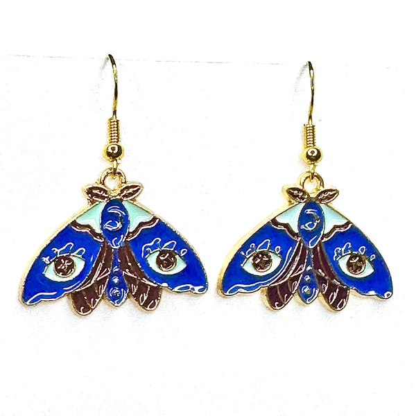 Amy Foxy Style Handmade Earrings - Moth Charms with Golden Hooks: Blue