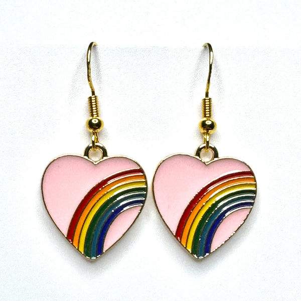 Amy Foxy Style Handmade Earrings - Rainbow Heart Charms with Golden Hooks: Light Pink