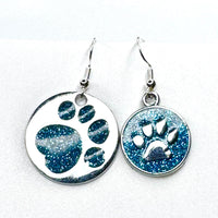 Amy Foxy Style Handmade Earrings - Asymmetrical Glitter Cat Dog Paw Medallions: Bright Blue