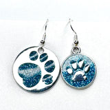 Amy Foxy Style Handmade Earrings - Asymmetrical Glitter Cat Dog Paw Medallions: Bright Blue