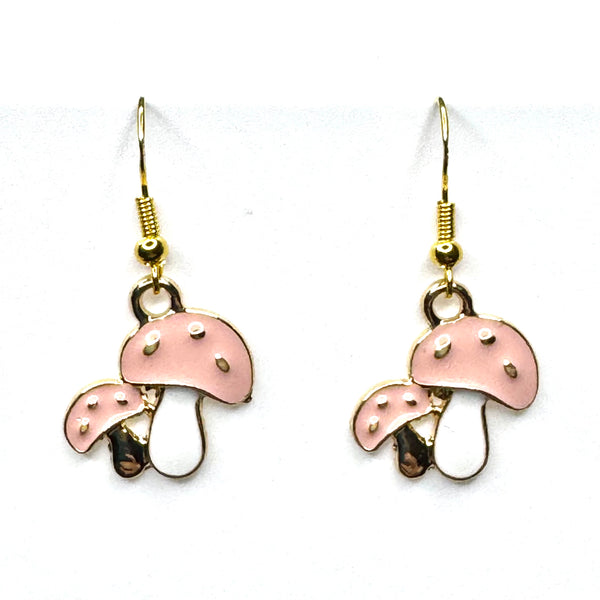 Amy Foxy Style Handmade Earrings - Mushroom Duo Charms with Golden Hooks: Pink