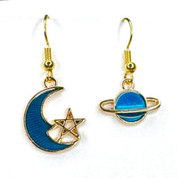 Amy Foxy Style Handmade Earrings - Asymmetrical Crescent Moon with Line Star and Small Planet with Golden Hooks