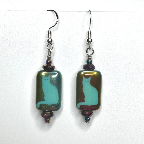 Amy Foxy Style Handmade Earrings - Iridescent Cat Silhouette and Faceted Rondelle Beads