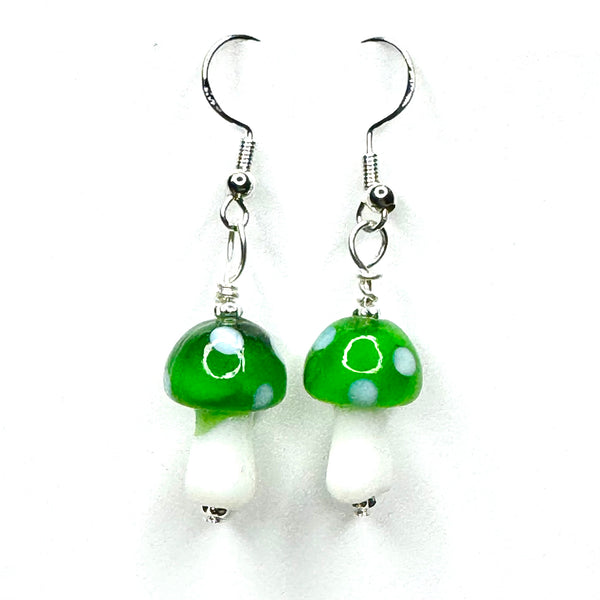 Amy Foxy Style Handmade Earrings - Glass Mushroom Beads: Green