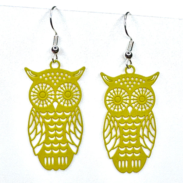 Amy Foxy Style Handmade Earrings - Delicate Filigree Owl Charms: Matte Yellow