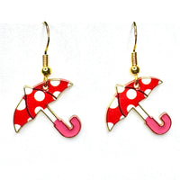 Amy Foxy Style Handmade Earrings - Umbrella Charms with Golden Hooks: Red White Polka Dots