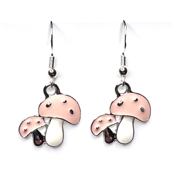 Amy Foxy Style Handmade Earrings - Mushroom Duo Charms with Silver Hooks: Pink