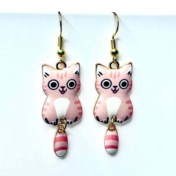 Amy Foxy Style Handmade Earrings - Cat Charm with Golden Hooks: Pale Pink Tabby